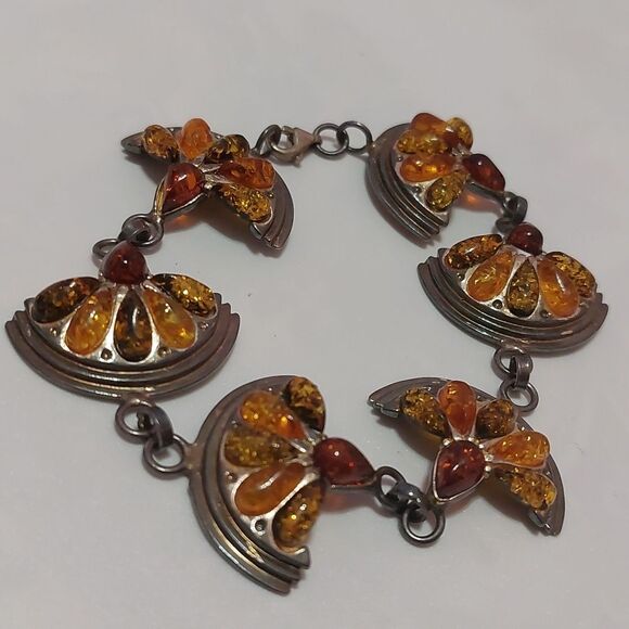 OOAK Vintage Rare Sterling Silver Multicolor Amber Citrus Orange Halves Bracelet - Picture 2 of 8